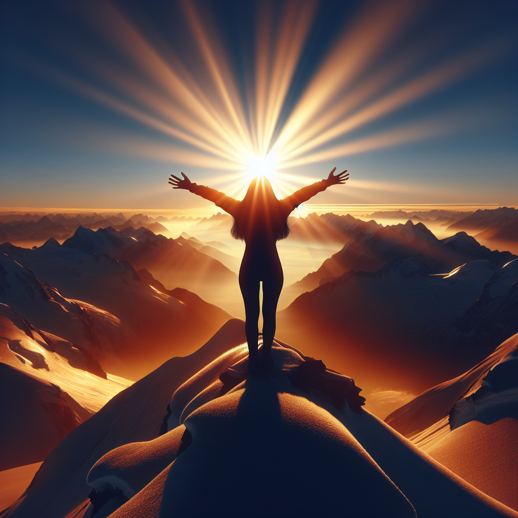 A person standing atop a mountain peak at sunrise, arms outstretched towards the sky, symbolizing triumph over challenges and the journey towards emotional resilience.