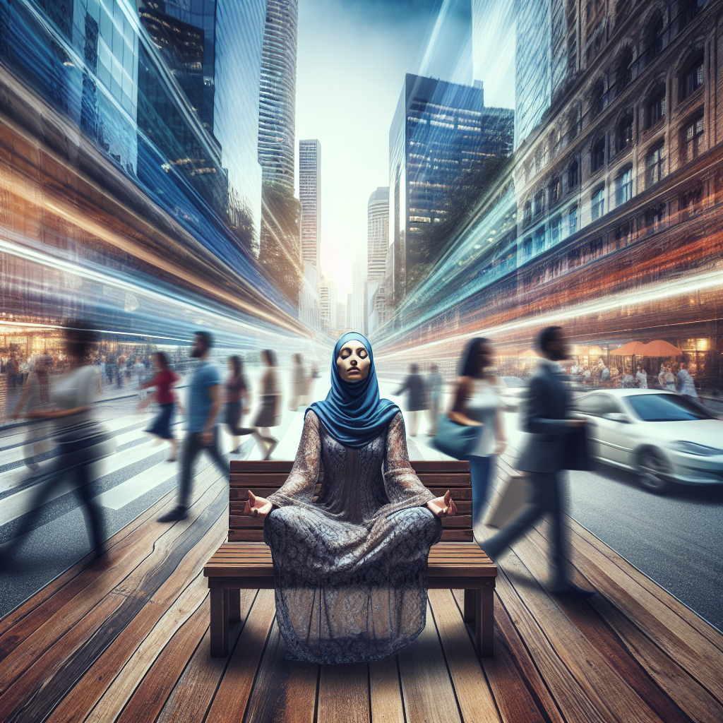 An image of a person meditating peacefully on a bench in a busy city setting. The surrounding environment is a blur of motion with people walking and cars passing, symbolizing the hustle and bustle of modern life while the individual remains calm and centered, representing finding serenity amidst chaos.
