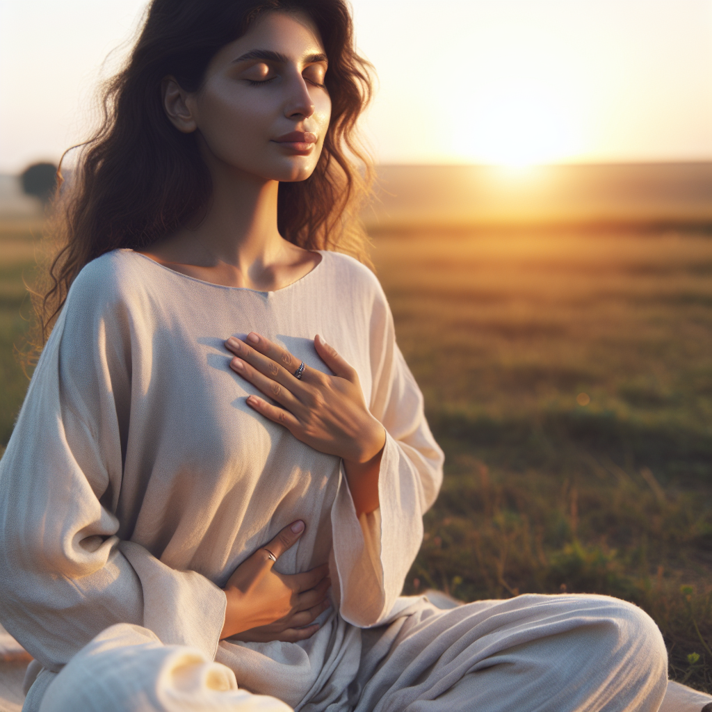 An image of a serene individual sitting cross-legged on a grassy field during sunrise. They have one hand placed on their chest and the other on their abdomen, eyes gently closed, illustrating the practice of belly breathing. The soft glow of the morning light highlights the calm expression on their face, emphasizing relaxation and grounding.