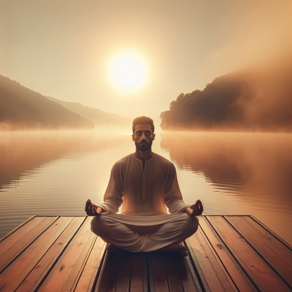 A serene scene of a person sitting cross-legged on a wooden deck overlooking a calm lake during sunrise, eyes closed, hands resting gently on knees in a meditative pose. The soft glow of the early morning sun casts a golden hue over the misty water, embodying tranquility and mindfulness.