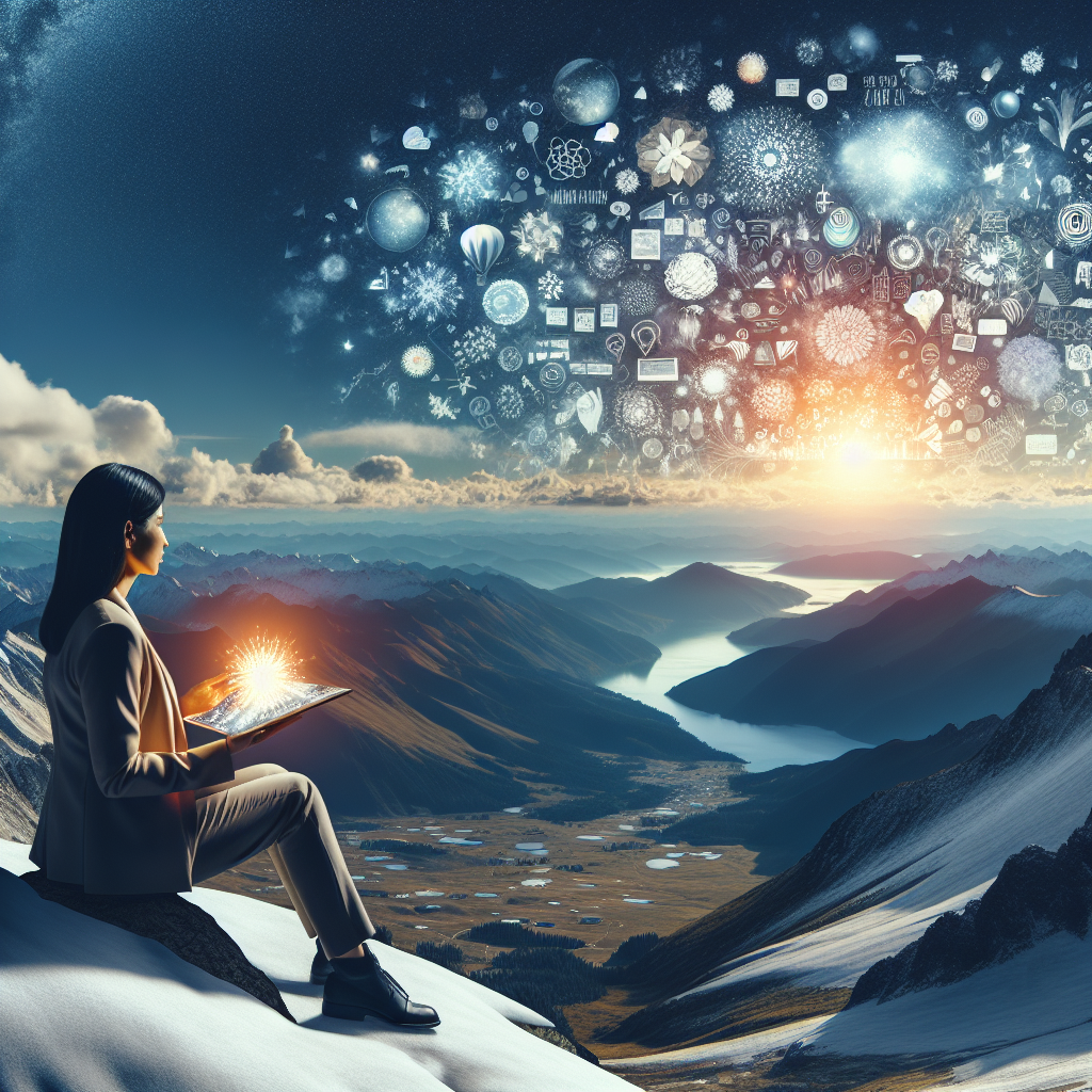 An illustration of a person sitting calmly on a mountain peak during sunrise, gazing out over a vast, clear landscape. They hold a glowing crystal or a vision board filled with images and words depicting their dreams. The clear sky and horizon symbolize unlimited possibilities, emphasizing the importance of defining one's goals with precision.