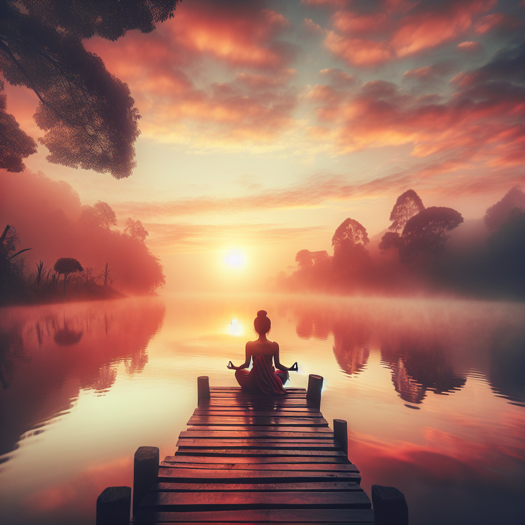 A tranquil image of a person meditating on a wooden dock extending into a calm lake at dawn, surrounded by mist and reflections of the rising sun on the water, illustrating the serenity gained from mindfulness practices.