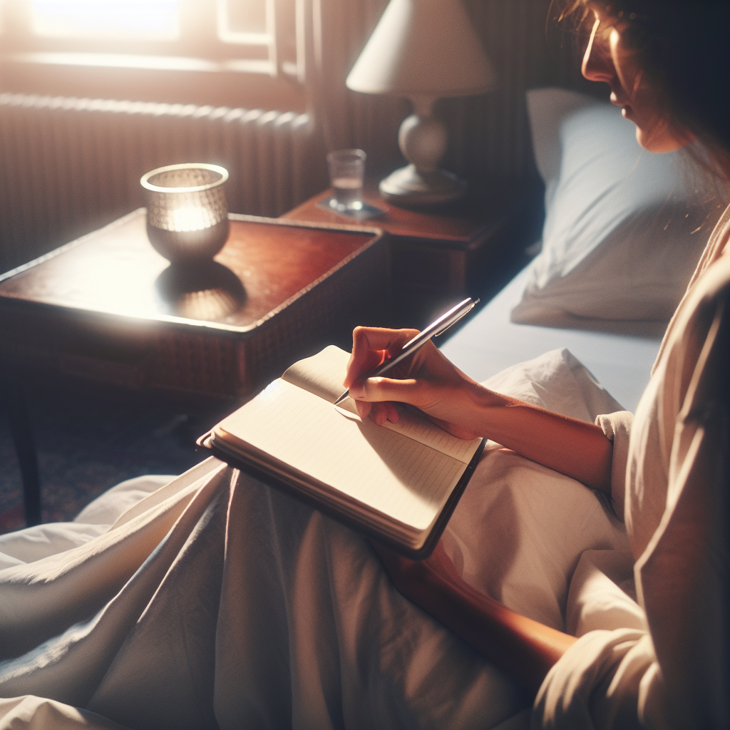 An image of a person sitting up in bed in the early morning light, writing in a journal. A soft glow from a nearby window illuminates the room, highlighting the pen and notebook in the individual's hands. The surrounding bedroom is cozy, with subtle details like rumpled sheets and a bedside table holding a lamp and perhaps a glass of water. This image captures the quiet, reflective moment of recording dreams immediately upon waking.
