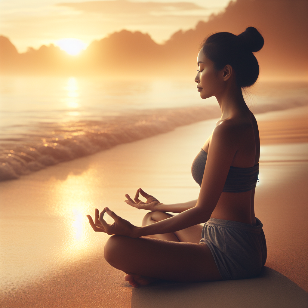 An image of a person sitting cross-legged on a tranquil beach during sunrise, eyes closed and hands resting gently on their knees in a meditative pose. The soft glow of the morning light casts a warm hue over the scene, and gentle waves lap at the shore, symbolizing inner peace and the serenity gained through mindfulness practice.
