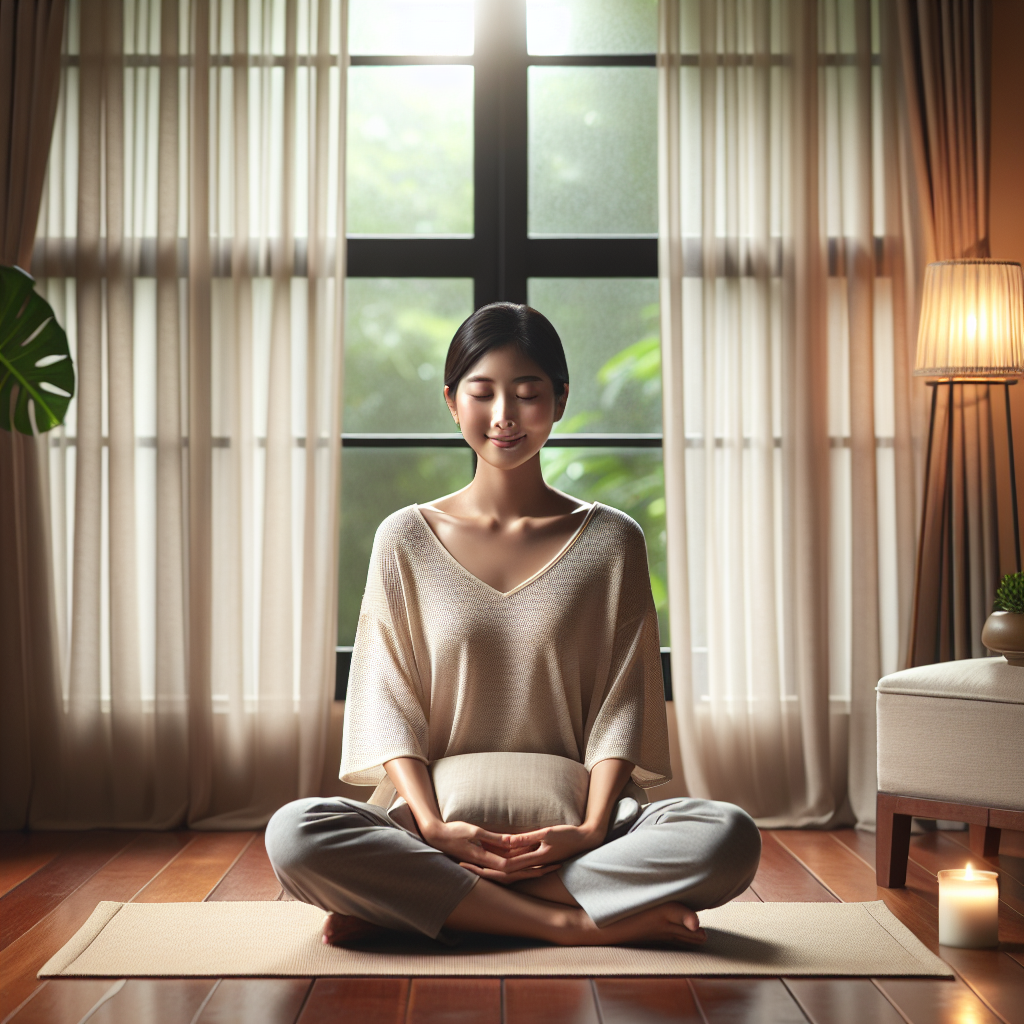 A peaceful scene of a person sitting cross-legged on a cushion atop a wooden floor in a minimalist room. Soft, natural light filters through a nearby window adorned with sheer curtains. The individual's eyes are gently closed, hands resting on knees with palms facing upward, and a slight smile suggests inner calm. A single green plant or a lit candle may be in the background to enhance the serene atmosphere.