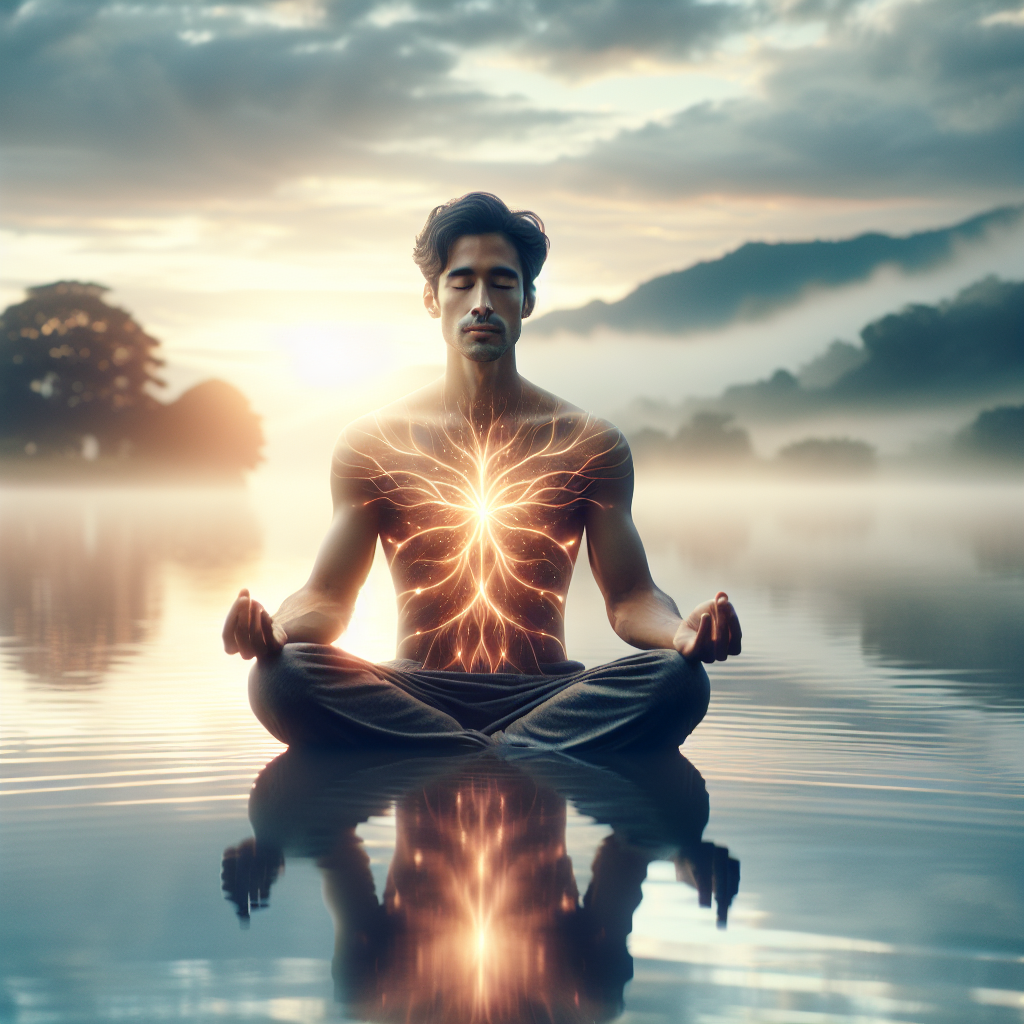 An individual sitting peacefully in a lotus position atop a calm lake with rippling reflections. Their eyes are closed, and subtle waves of light emanate from their heart area, illustrating inner guidance and mindfulness. The surrounding environment is serene with soft hues of dawn, suggesting a new awakening.