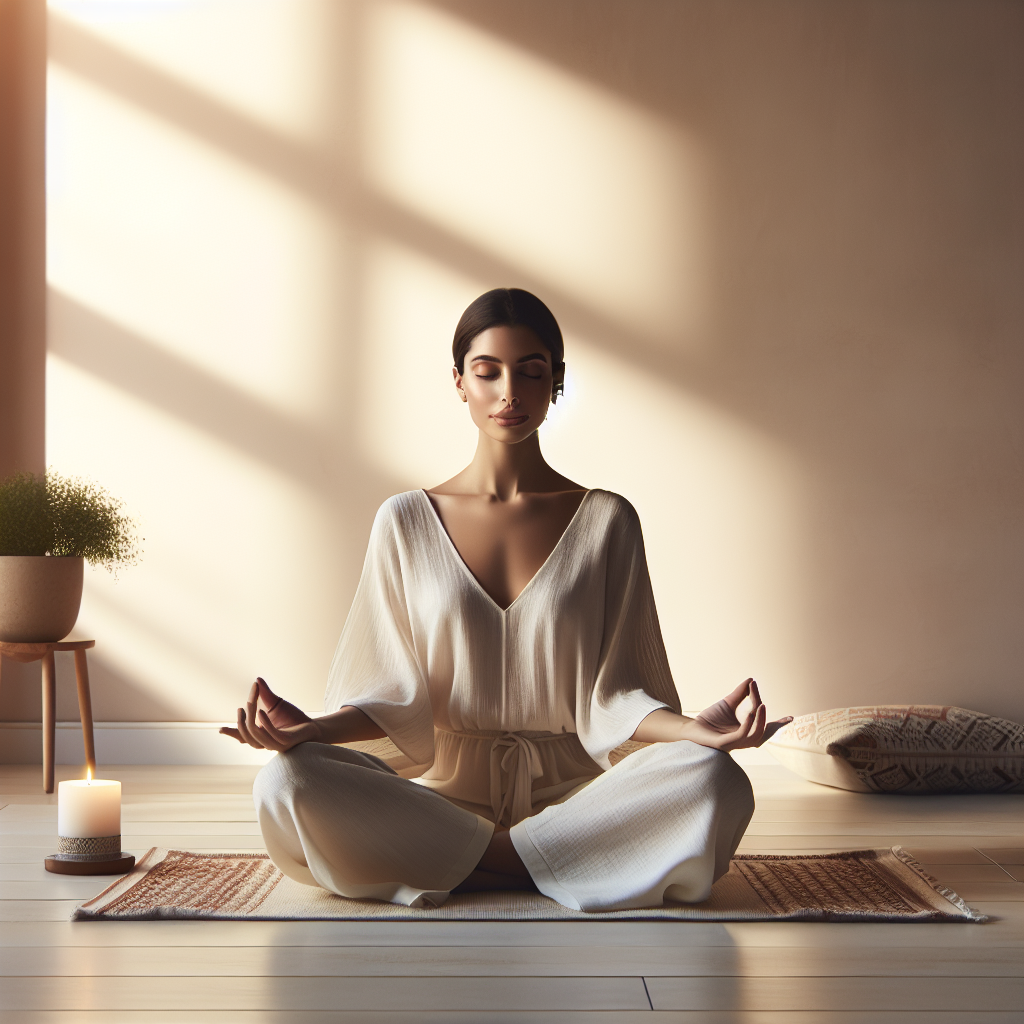 A peaceful scene of an individual sitting cross-legged on a cushion in a minimalist room bathed in soft morning light, eyes gently closed, hands resting on knees with palms upturned, surrounded by subtle elements like a flickering candle or a small potted plant, embodying the calm and focus of mindfulness meditation.