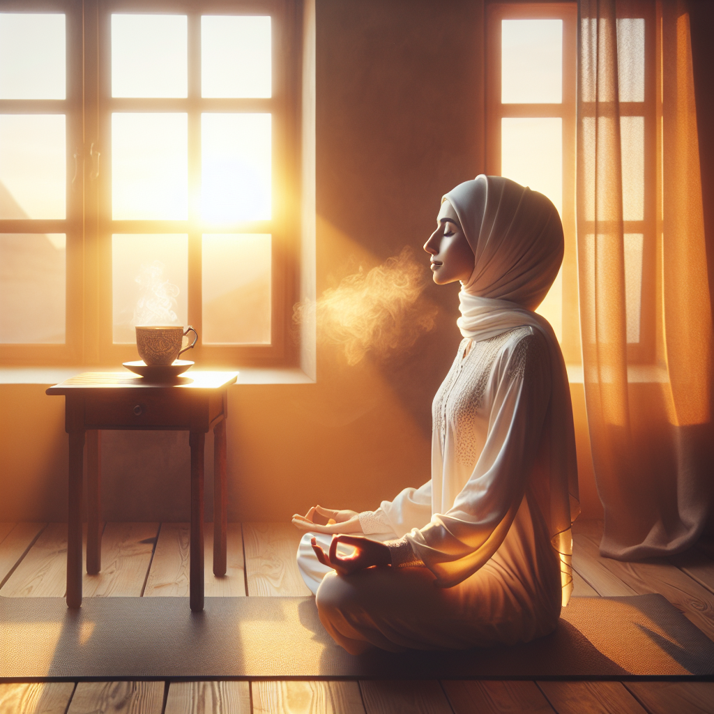 A serene image of a person sitting cross-legged on a yoga mat near a window at sunrise, eyes closed, taking deep breaths with soft morning light illuminating the room and a steaming cup of tea beside them.