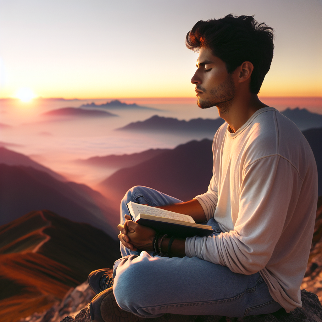 An image of a person sitting quietly atop a mountain peak during sunrise, overlooking a vast landscape, with a journal open on their lap, symbolizing deep personal reflection and connection with one's inner self.