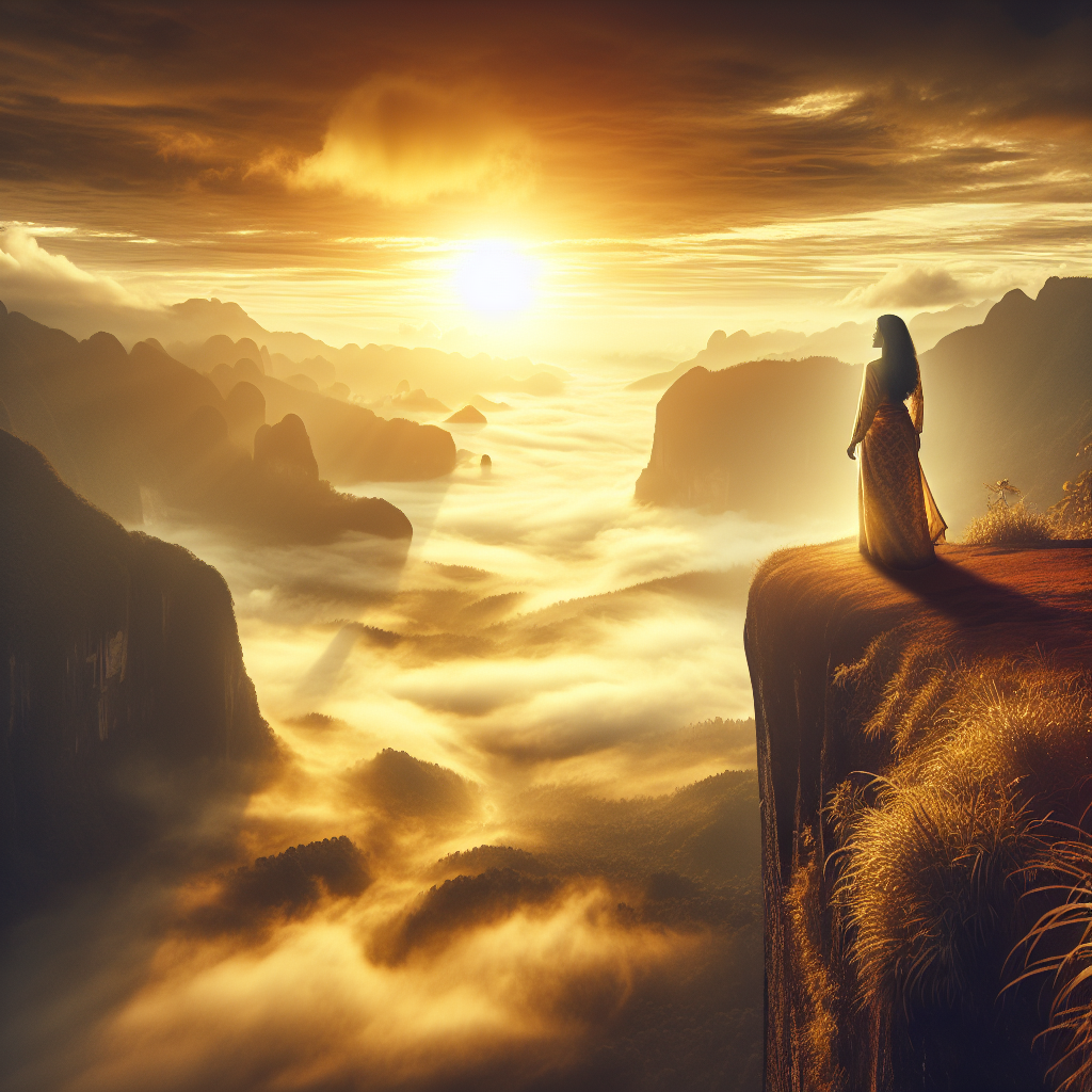 An ethereal image of a person standing at the edge of a cliff during sunrise, overlooking a vast, mist-covered valley below. The sun's golden rays illuminate the scene, symbolizing the beginning of a spiritual journey and the search for deeper meaning.