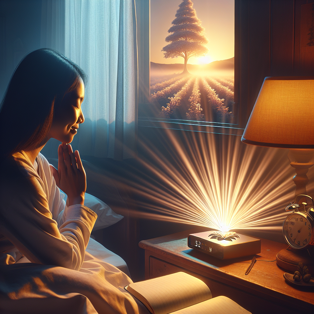 A serene bedroom bathed in soft morning light, featuring a person waking up peacefully with a gentle smile. A sunrise alarm clock emits a warm glow on the bedside table, and through the window, the sun begins to rise over a calm landscape. A journal or a note with the word 'Gratitude' lies next to the alarm clock, symbolizing the practice of starting the day with thankfulness.