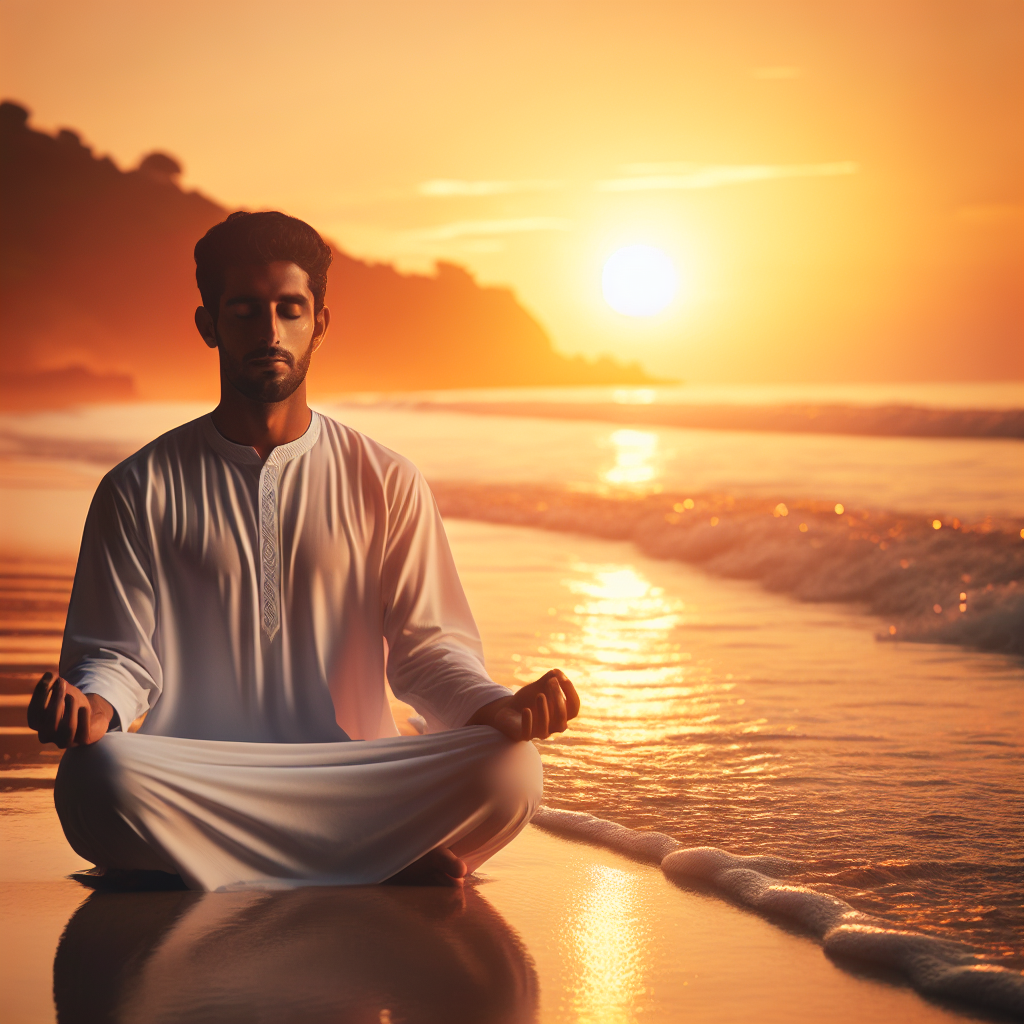 A serene individual sitting cross-legged on a peaceful beach at sunset, eyes closed in meditation. The gentle waves touch the shore, and the warm hues of the setting sun create a calm atmosphere, embodying mindfulness and presence.