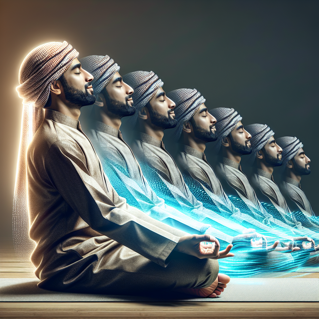 An illustration of a person lying down in a relaxed position on a yoga mat, with soft focus on different parts of the body starting from the head moving down to the toes. Subtle light or energy waves highlight each body part sequentially, symbolizing the journey of attention during a body scan meditation.