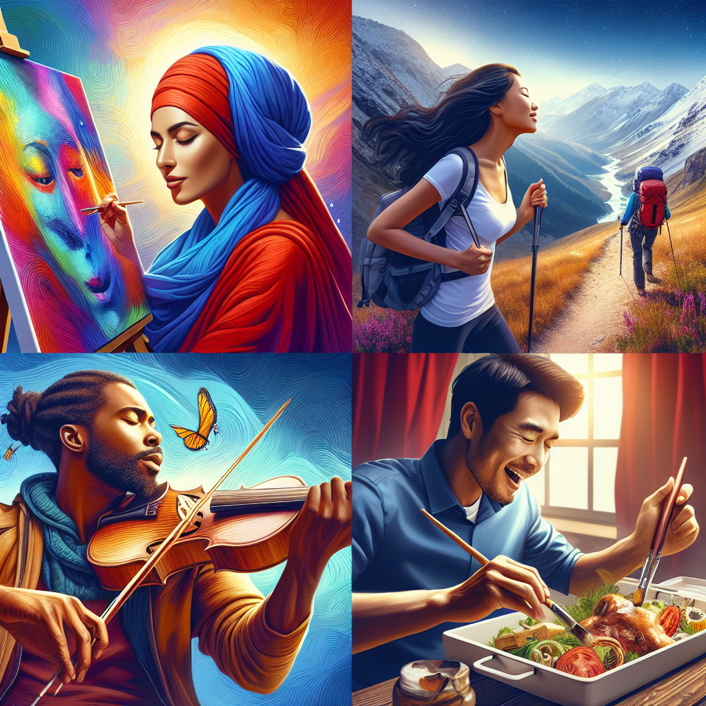 A vibrant collage depicting individuals engaged in various passionate activities—someone painting on a canvas with vivid colors, another playing a musical instrument with eyes closed in concentration, a person hiking on a scenic mountain trail, and someone cooking an elaborate dish—each person immersed in their activity, radiating joy and enthusiasm.