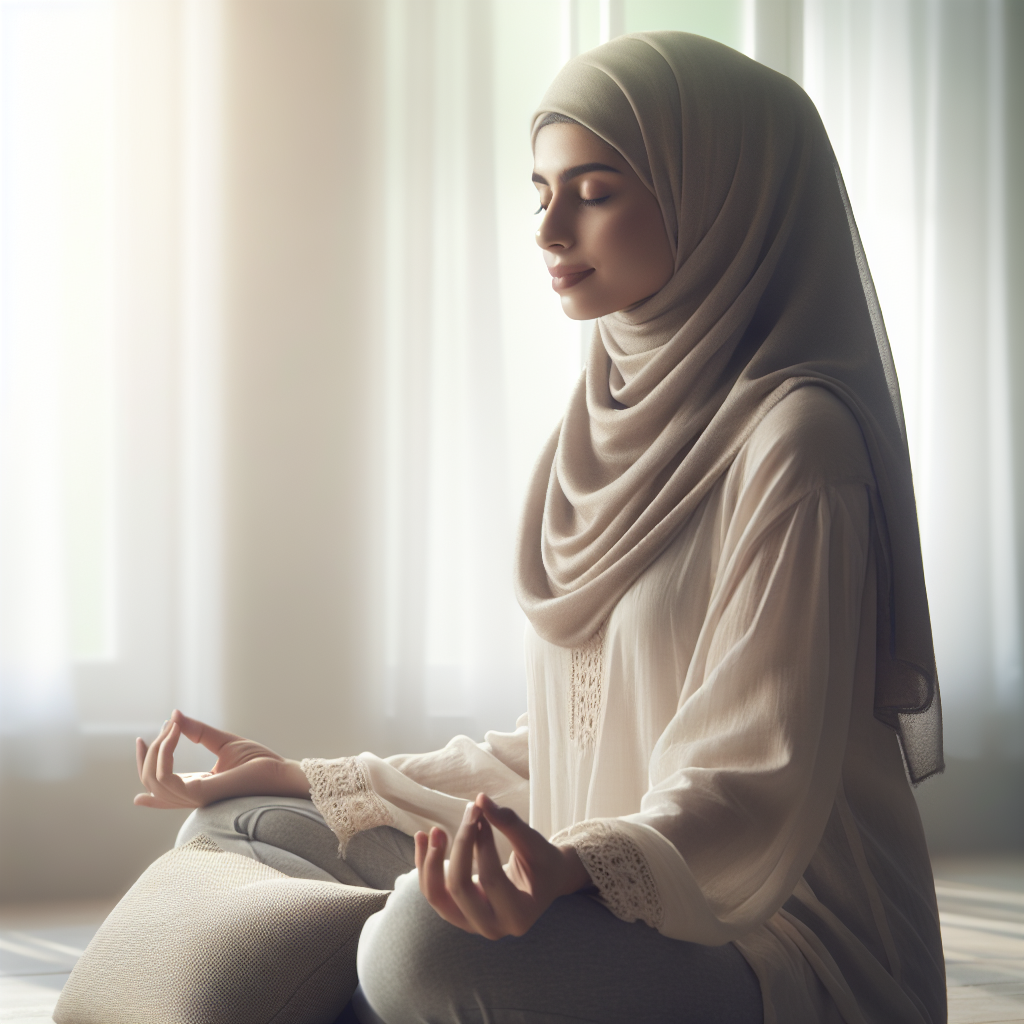 An image of a person sitting cross-legged on a cushion in a minimalist, serene room, eyes gently closed, meditating. Soft natural light streams through large windows, illuminating the calm expression on their face. The surroundings are uncluttered, with perhaps a small plant or incense burner, emphasizing focus and inner peace.