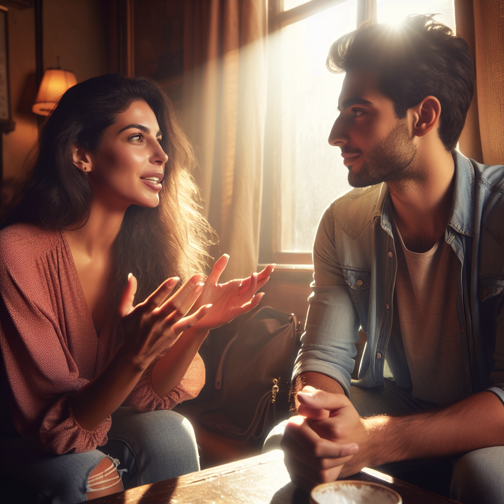 An intimate scene of two friends sitting across from each other at a cozy cafe table. One is speaking with expressive gestures, while the other leans in slightly, maintaining eye contact and attentively listening without distractions. Sunlight filters through the window, casting a warm glow that emphasizes the genuine connection and respect between them.