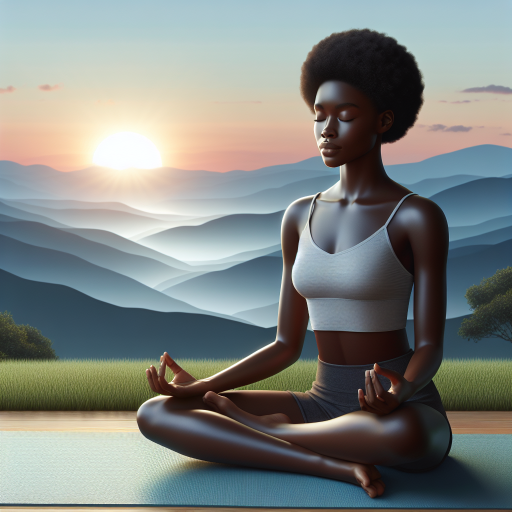 An image of a person sitting cross-legged on a yoga mat in a tranquil outdoor setting, eyes gently closed, focusing on their breath. The backdrop features a serene sunrise over rolling hills, symbolizing the beginning of a peaceful day.
