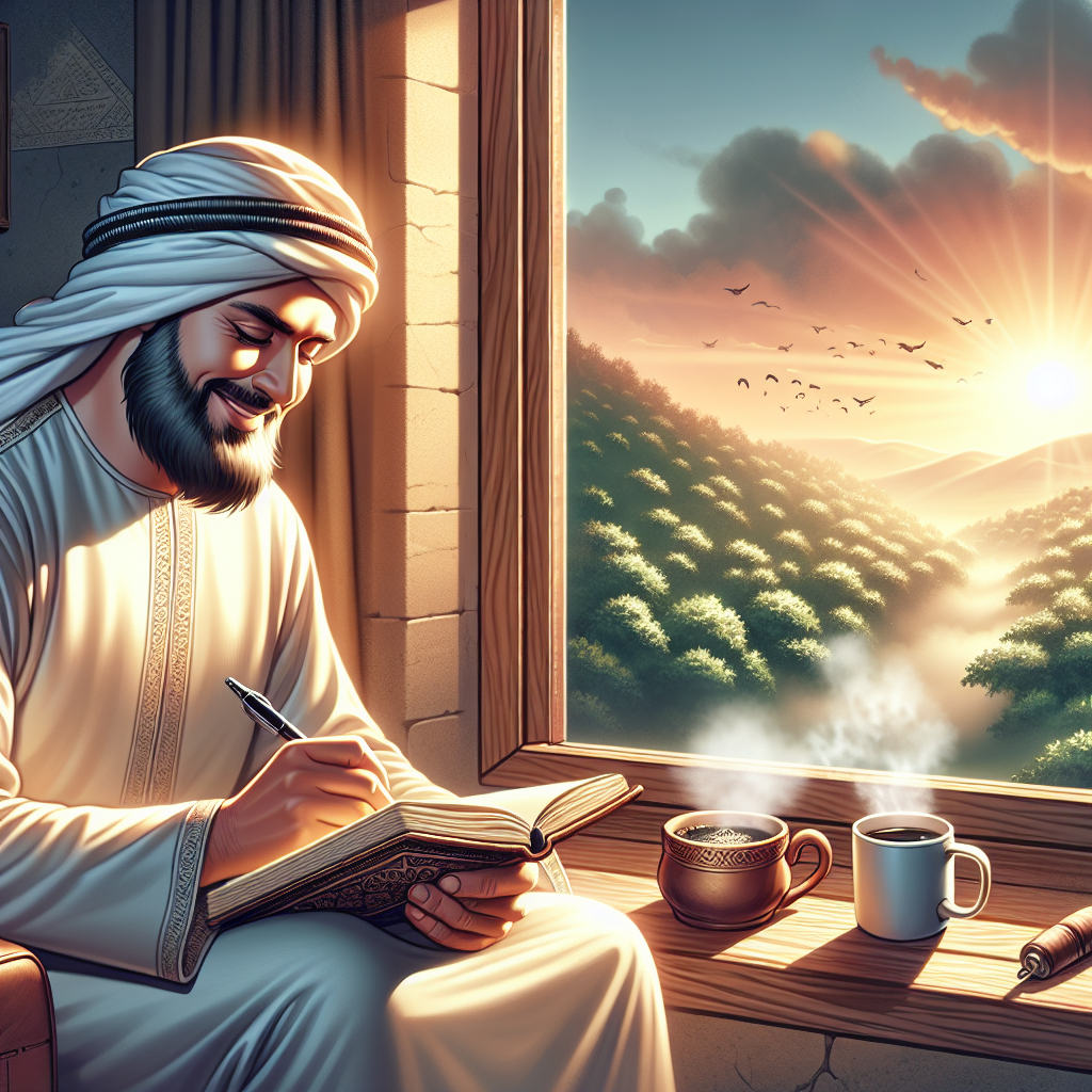 An early morning scene of a person sitting comfortably near a window, bathed in the gentle glow of sunrise. They're writing in a journal with a peaceful smile, a steaming cup of coffee nearby, and outside the window is a picturesque view of nature, symbolizing reflection and gratitude to start the day.