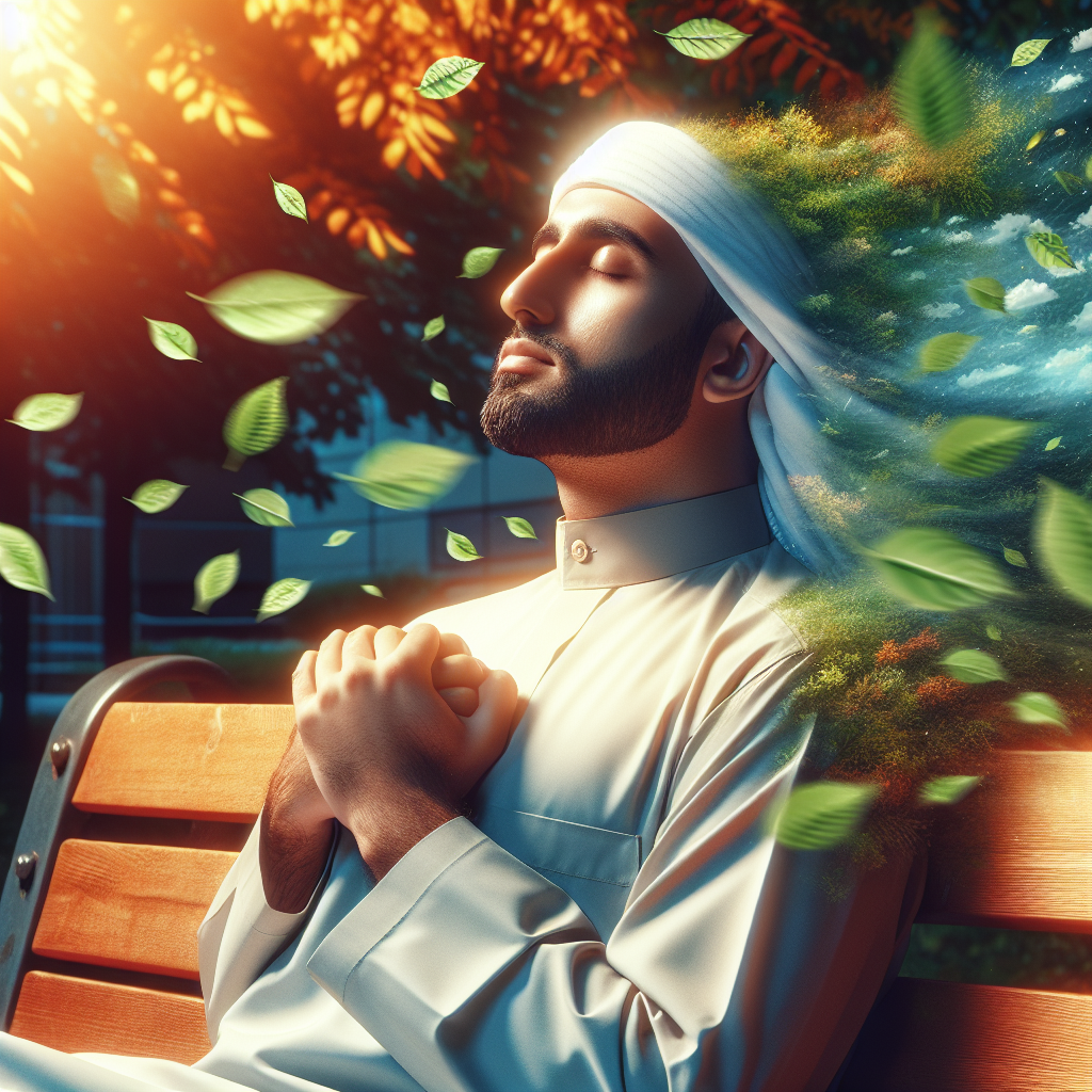 An individual sitting peacefully on a park bench, eyes gently closed, surrounded by the vibrant colors of nature in full bloom. They are fully immersed in the sensations around them—the touch of a gentle breeze, the sound of leaves rustling, and the warmth of the sun. The image captures the essence of mindfulness, embodying the practice of being present and fully engaged with the here and now.