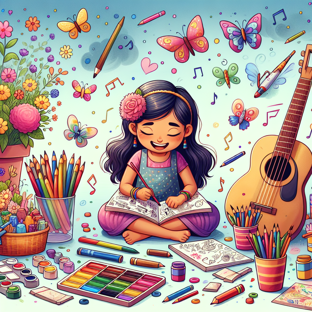 An illustration of a joyful child immersed in creative play, surrounded by art supplies, musical instruments, and nature elements like butterflies and flowers, capturing the innocence and passion of childhood interests.