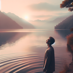 An image of a tranquil lakeside at sunrise, where a person stands at the water's edge with closed eyes, taking a deep breath. The soft morning light bathes the scene in warm hues, and the gentle ripples on the lake mirror the pastel-colored sky. This visual embodies harmony, mindfulness, and a profound connection with nature achieved through conscious breathing.