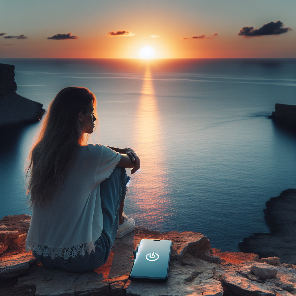 An individual sitting peacefully on a cliffside overlooking a vast ocean at sunset, with a smartphone lying turned off beside them. The warm hues of the sunset reflect on the water, symbolizing a disconnect from technology and a reconnection with nature and self.