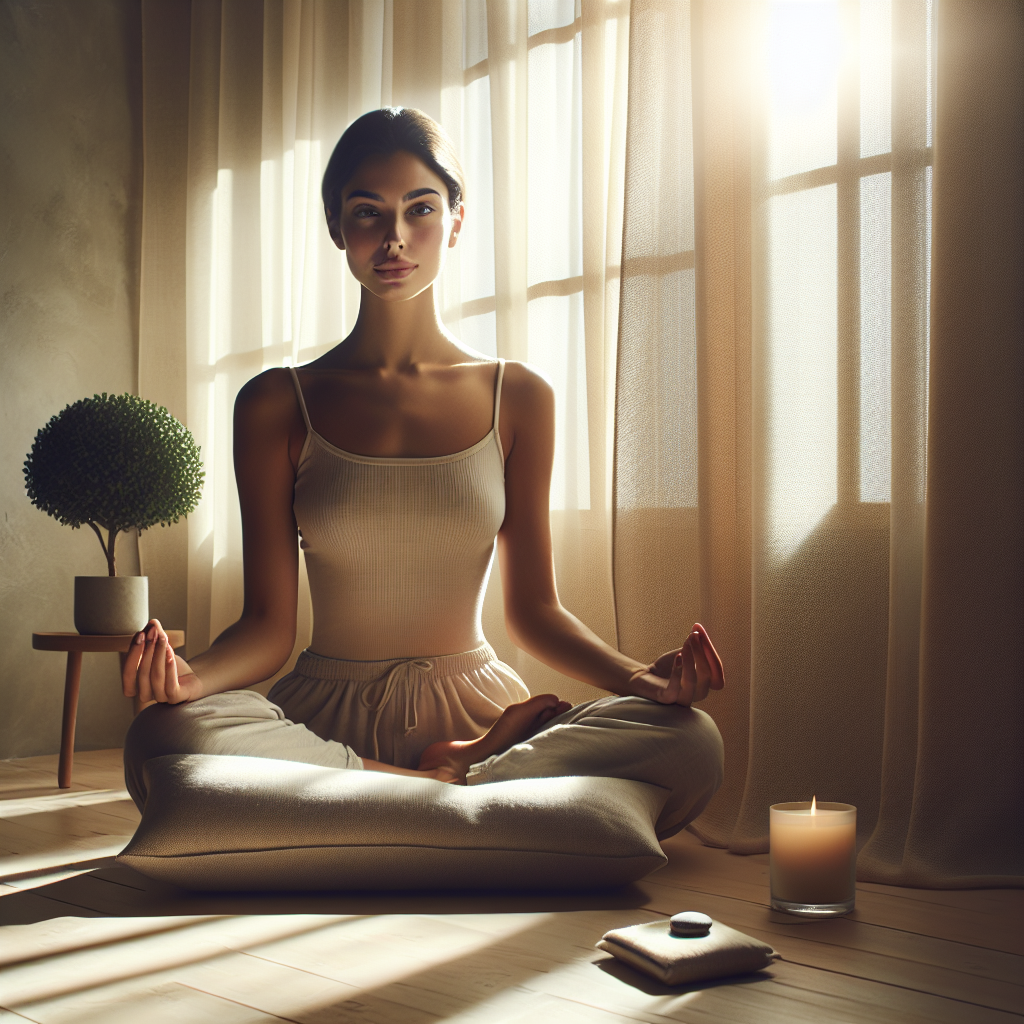 A peaceful scene of a person sitting in lotus position on a meditation cushion in a minimalist room. Soft sunlight filters through sheer curtains, illuminating the calm expression on their face. Around them are simple elements like a lit candle and a small potted plant, emphasizing tranquility and focus during mindfulness meditation.