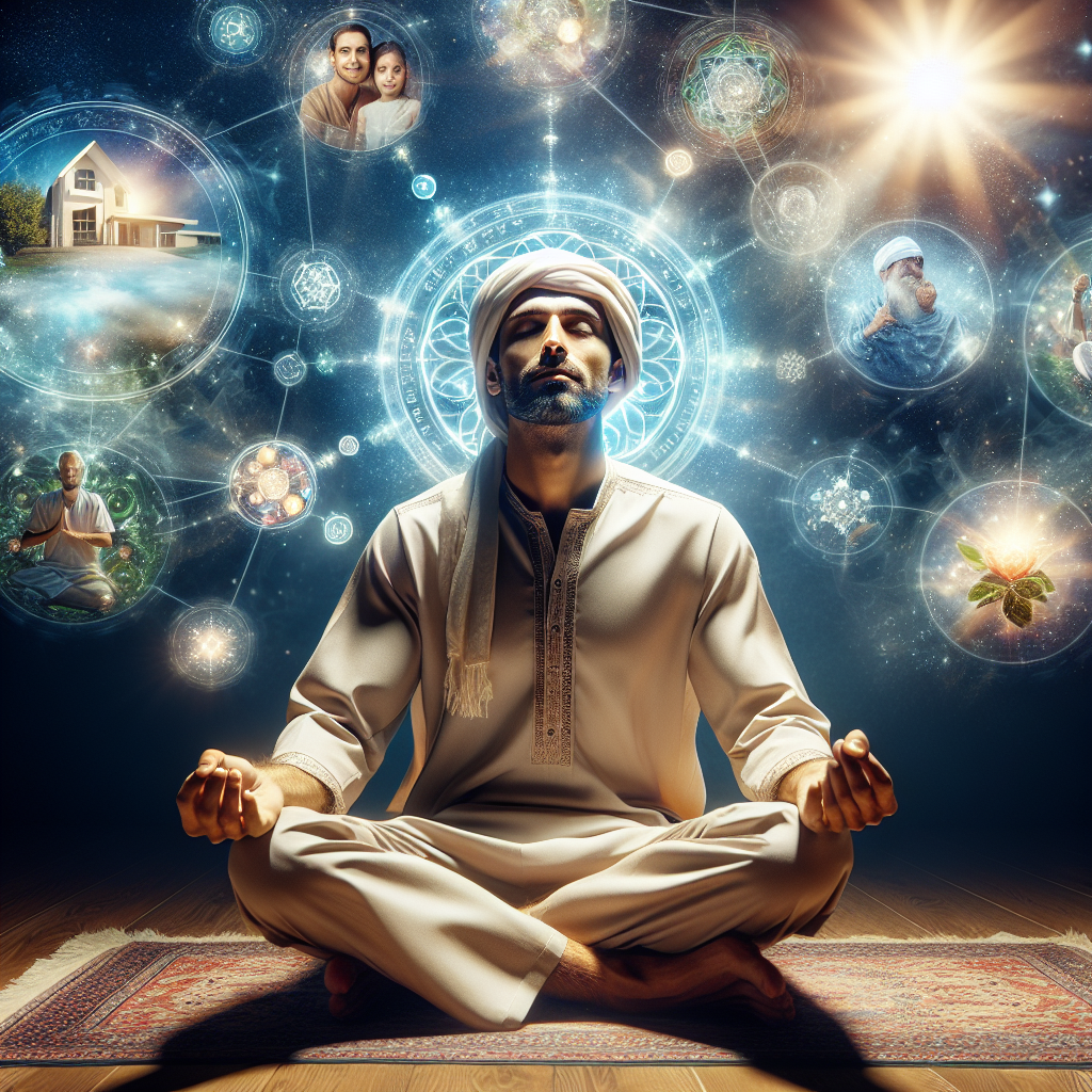 An individual sitting in meditation with eyes closed, surrounded by a vibrant aura. Above their head, vivid images of their goals—such as a dream house, success symbols, and happy relationships—are depicted, illustrating the process of visualizing one's desires coming to fruition.