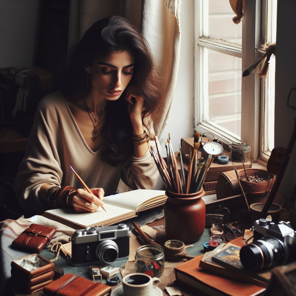 A person sitting at a cozy table by a window, surrounded by items like a journal, paintbrushes, a camera, and musical instruments, immersed in writing down their passions.