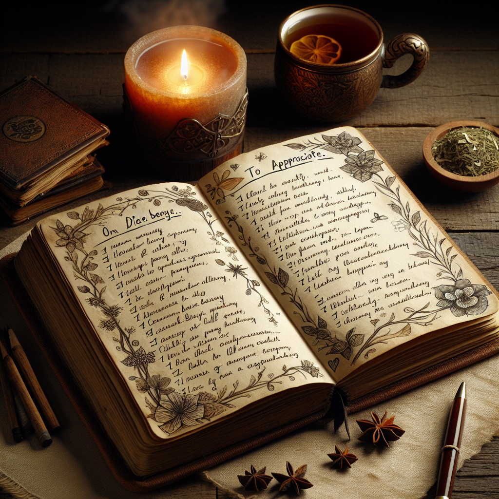 A cozy scene featuring an open journal with handwritten notes listing things to be grateful for, laid out on a wooden table alongside a steaming cup of herbal tea and a lit candle, evoking a tranquil atmosphere perfect for reflection.