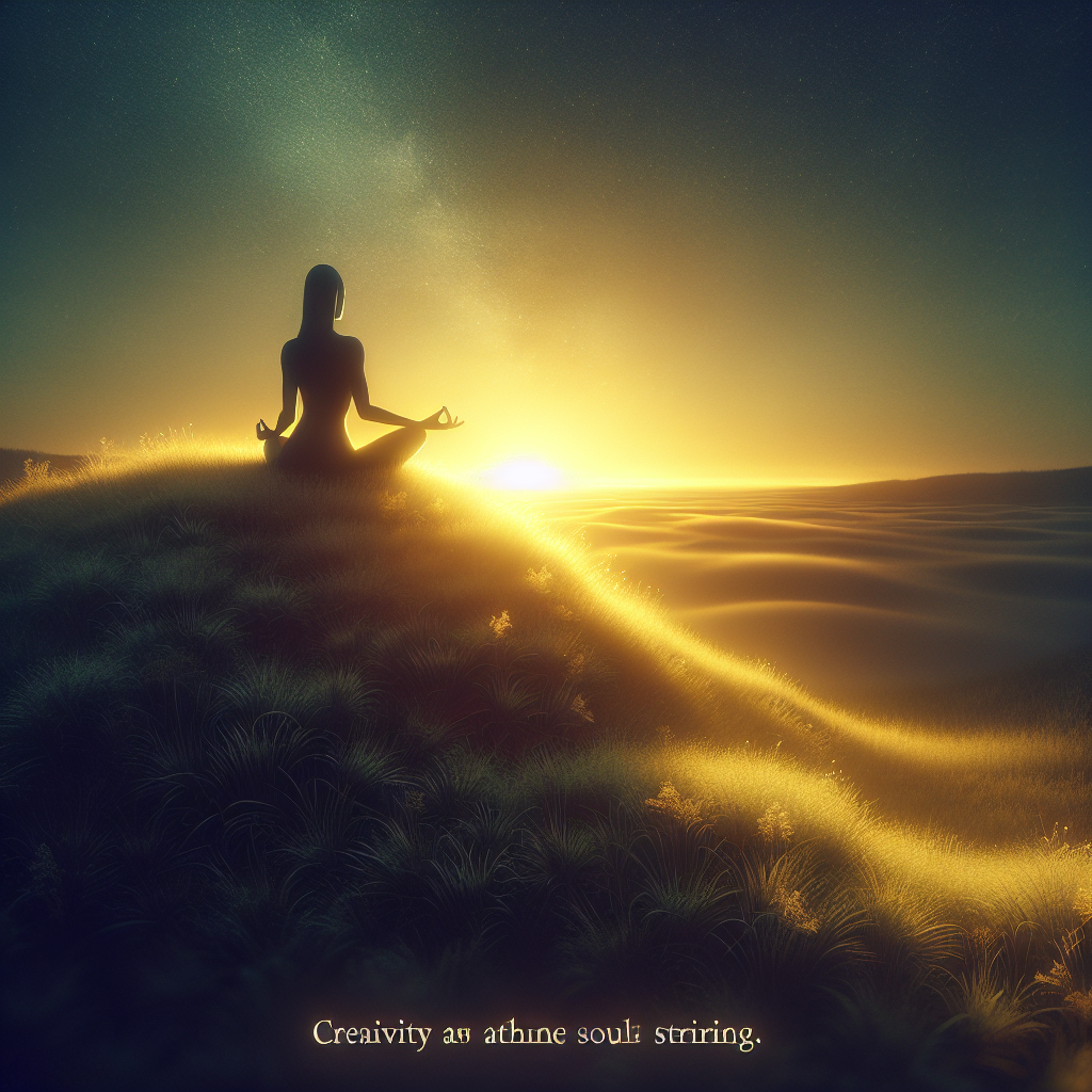 An ethereal sunrise over a tranquil landscape where a solitary figure sits in meditation atop a hill. Soft golden light bathes the scene, symbolizing the awakening of creativity in the quiet moments between dawn and day. The serene atmosphere reflects the soul stirring and the beginning of a profound and authentic journey of self-expression.