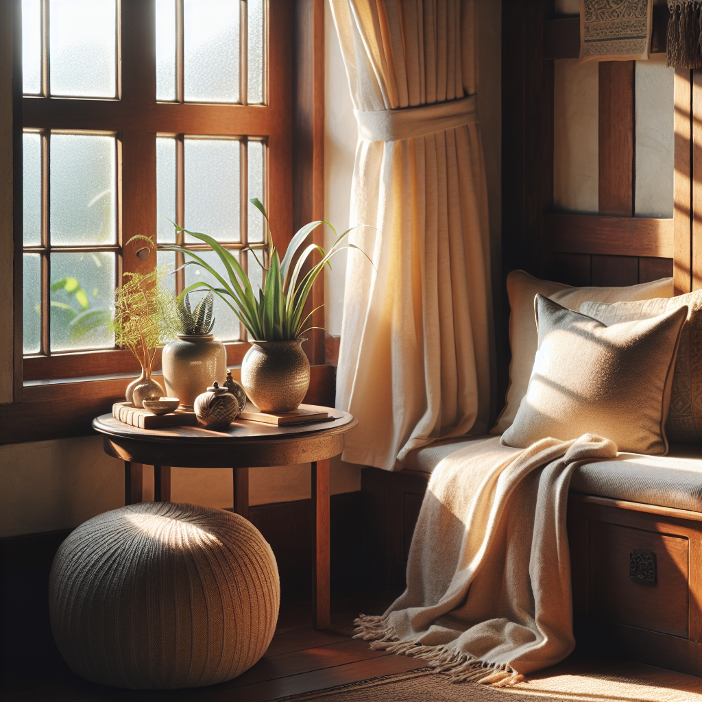 A cozy corner of a living room with a plush cushion and a soft throw blanket placed beside a large window. Sunlight streams in, illuminating a peaceful nook adorned with a few personal items on a small table, suggesting a private retreat perfect for meditation and reflection.