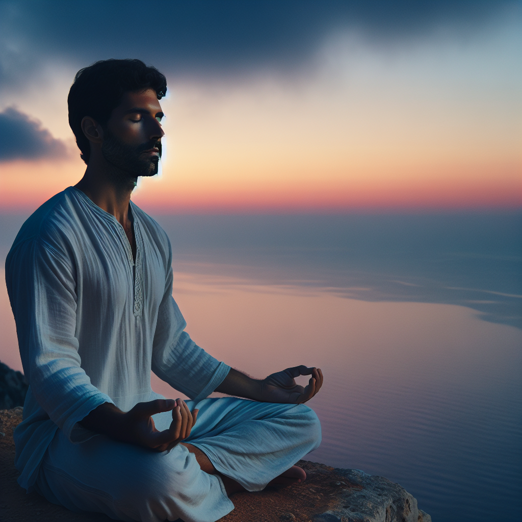 An individual sitting peacefully in lotus position on a cliff overlooking the sea at sunrise, eyes closed and a calm expression, embodying mindfulness and present moment awareness.