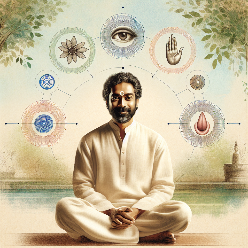 An illustration of a person sitting calmly with a gentle smile, surrounded by abstract representations of the five senses. Around them are subtle icons: an eye for sight, a hand for touch, an ear for hearing, a nose for smell, and lips or a tongue for taste. The background features a serene natural setting, like a park or garden, emphasizing connection to the present moment.