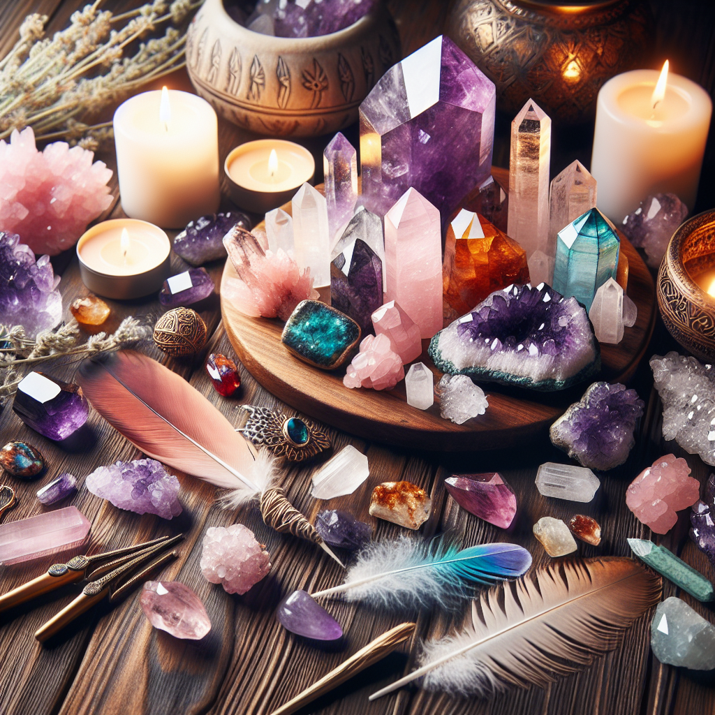 An overhead shot of a collection of vibrant crystals and gemstones such as amethyst, rose quartz, and citrine arranged artfully on a wooden table. The crystals are illuminated by soft, natural light, and surrounded by elements like candles, feathers, and sage to evoke a sense of spirituality and healing energy.