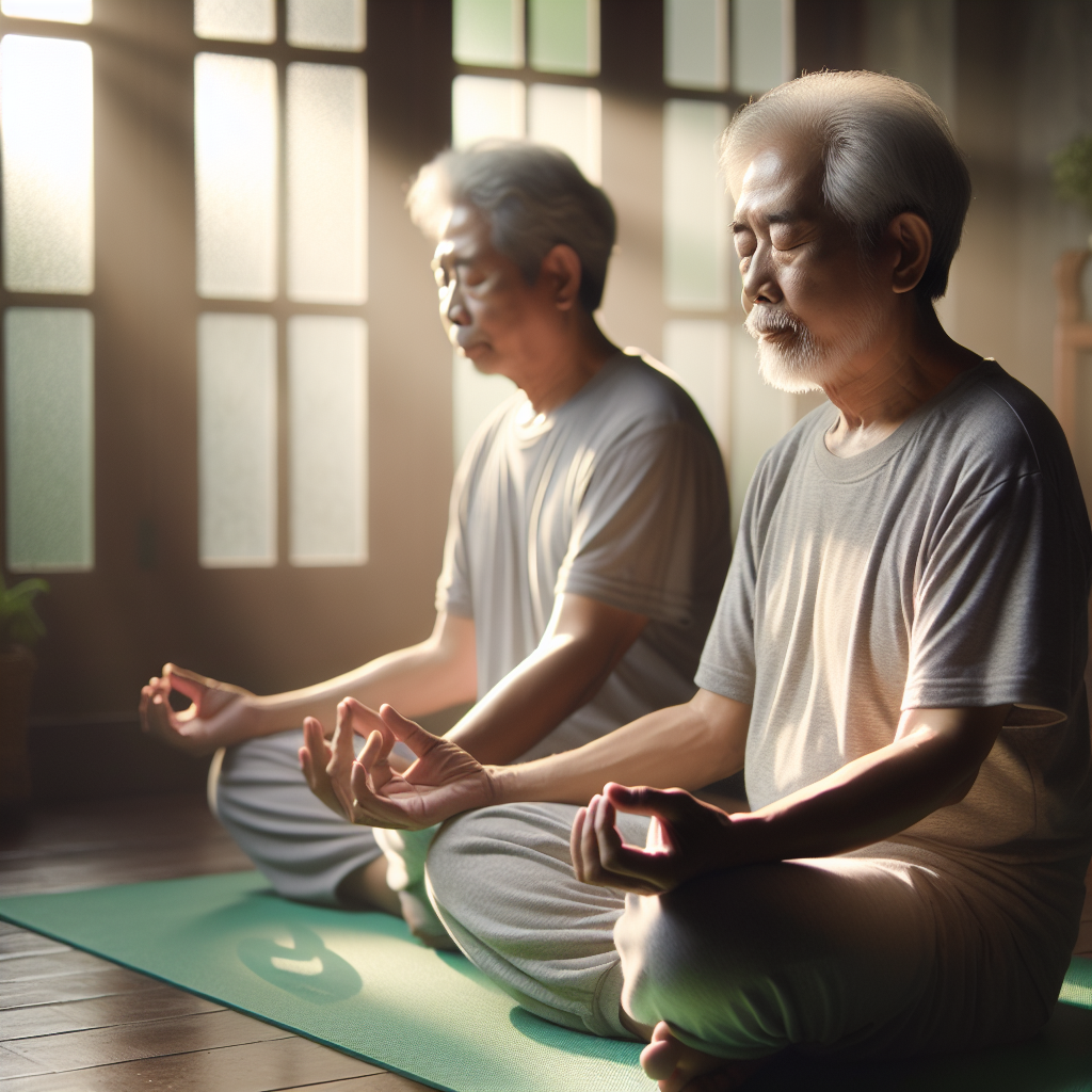 A serene morning scene of a person sitting cross-legged on a yoga mat in a quiet room, eyes closed and palms resting upward on knees, with soft sunlight streaming through a nearby window, illustrating the peacefulness of early morning meditation.