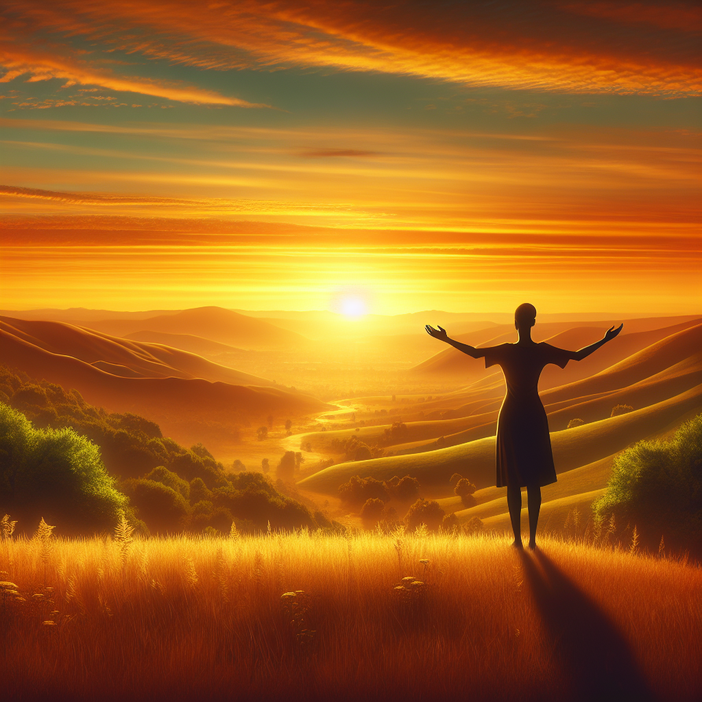 An image of a serene sunrise with warm golden hues illuminating the sky. In the foreground, a person stands atop a grassy hill with arms outstretched, embracing the new day. Below, a peaceful landscape of rolling hills and a calm river symbolizes a sense of peace and purpose at the start of a journey.