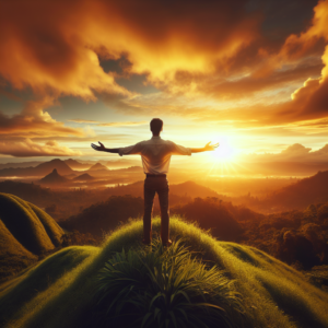 An image of a person standing atop a lush hill with arms outstretched toward a golden sunrise, symbolizing the welcoming of limitless opportunities and the abundance that life offers.