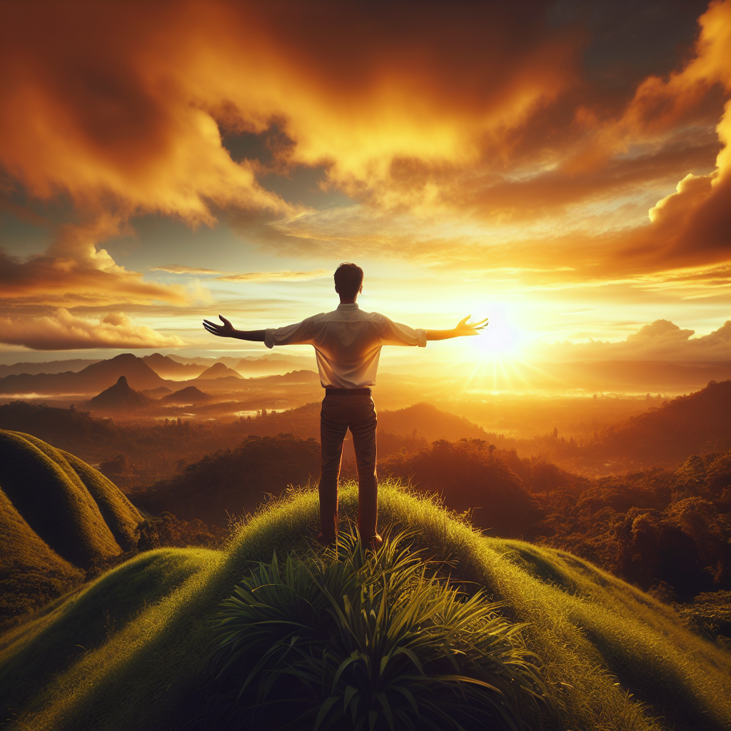 An image of a person standing atop a lush hill with arms outstretched toward a golden sunrise, symbolizing the welcoming of limitless opportunities and the abundance that life offers.