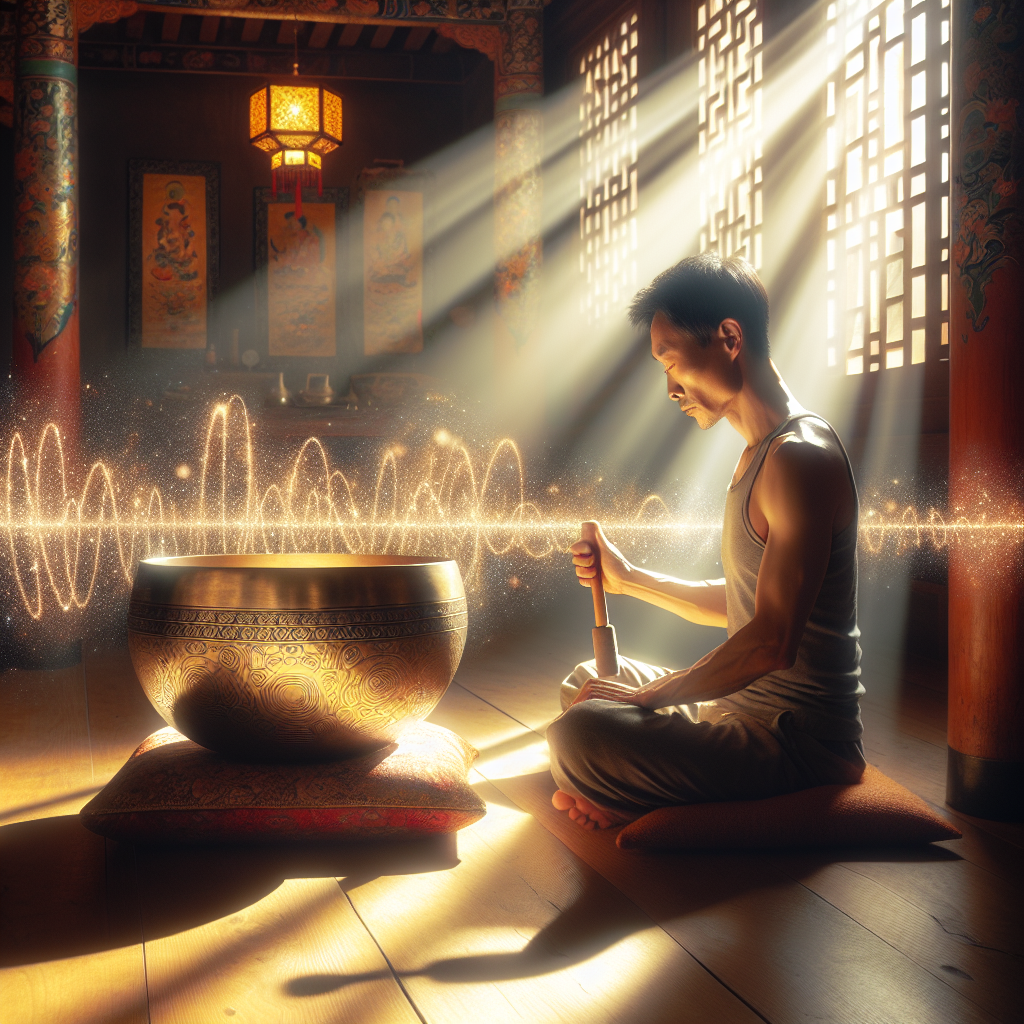 A peaceful meditation room with soft, natural lighting where a person is seated cross-legged on a cushion, gently circling the rim of a shimmering Tibetan singing bowl with a mallet. Golden sound waves radiate from the bowl, illustrating the harmonic overtones. Background elements include Tibetan art and decor, emphasizing the bowl's cultural origins.