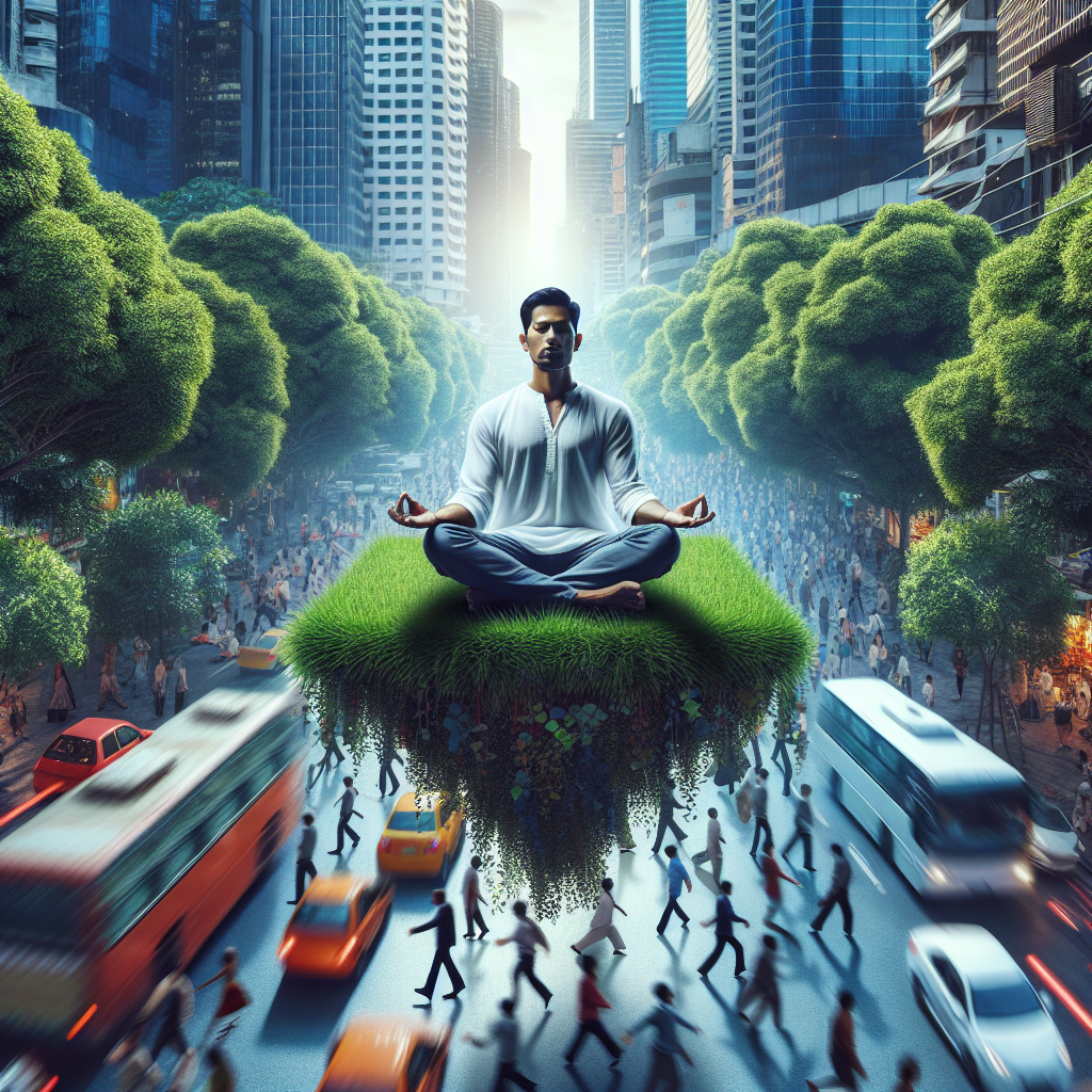 An image of a person sitting calmly in lotus position on a small island of greenery amidst a busy cityscape, eyes closed, meditating peacefully while blurred figures and city traffic rush around them, symbolizing finding inner peace in the chaos of modern life.