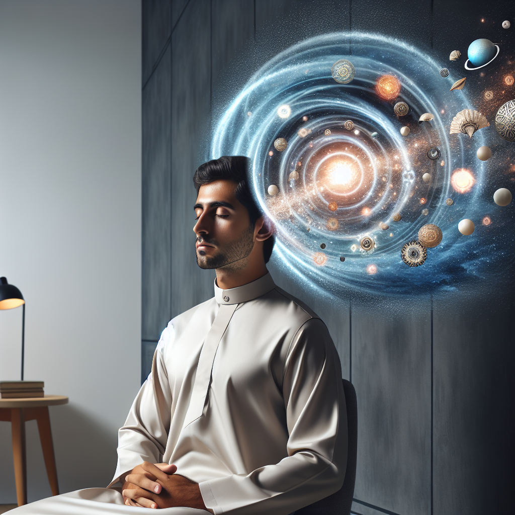 An individual sitting in a quiet room with eyes closed and a serene expression, surrounded by a swirl of vibrant, colorful thoughts and images emanating from their mind, depicting the vivid mental imagery of creative visualization.