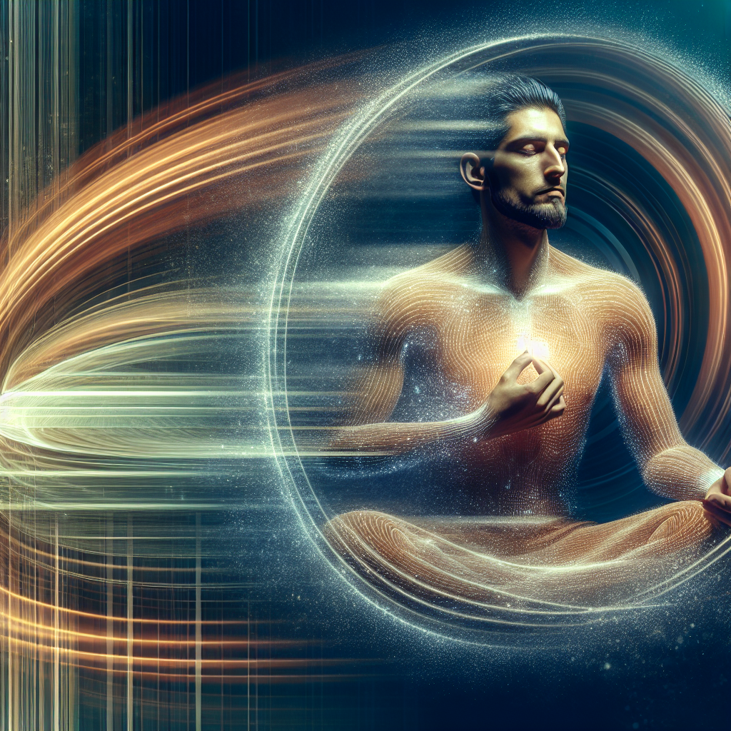 An illustration of a person sitting peacefully in meditation amidst a swirling, blurred background representing the hectic pace of modern life. The person is centered and calm, with soft light surrounding them, emphasizing inner peace found through breathwork. A subtle visual cue, like a gentle glow around the chest or a calm exhalation, highlights the focus on breathing.