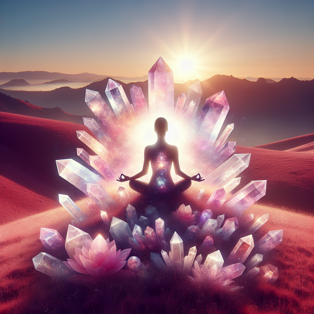 A tranquil scene of a person sitting peacefully in a lotus position atop a hill during sunrise, surrounded by softly glowing crystals of various shapes and colors, symbolizing the journey towards inner balance and spiritual awakening amidst the chaos of modern life.