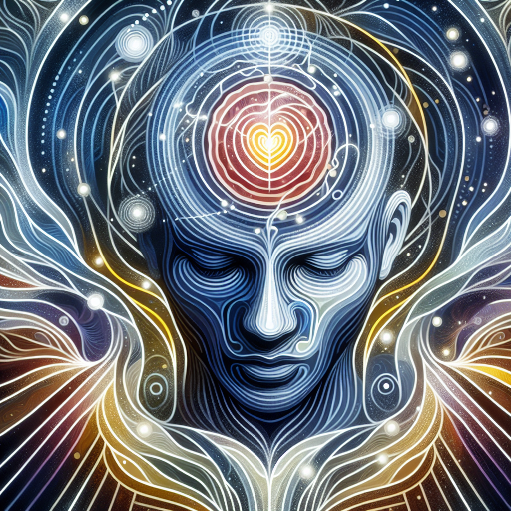An abstract illustration of a person with their eyes closed, surrounded by swirling lights and subtle energy patterns emanating from the heart and head areas, symbolizing the connection to their inner voice and intuition.