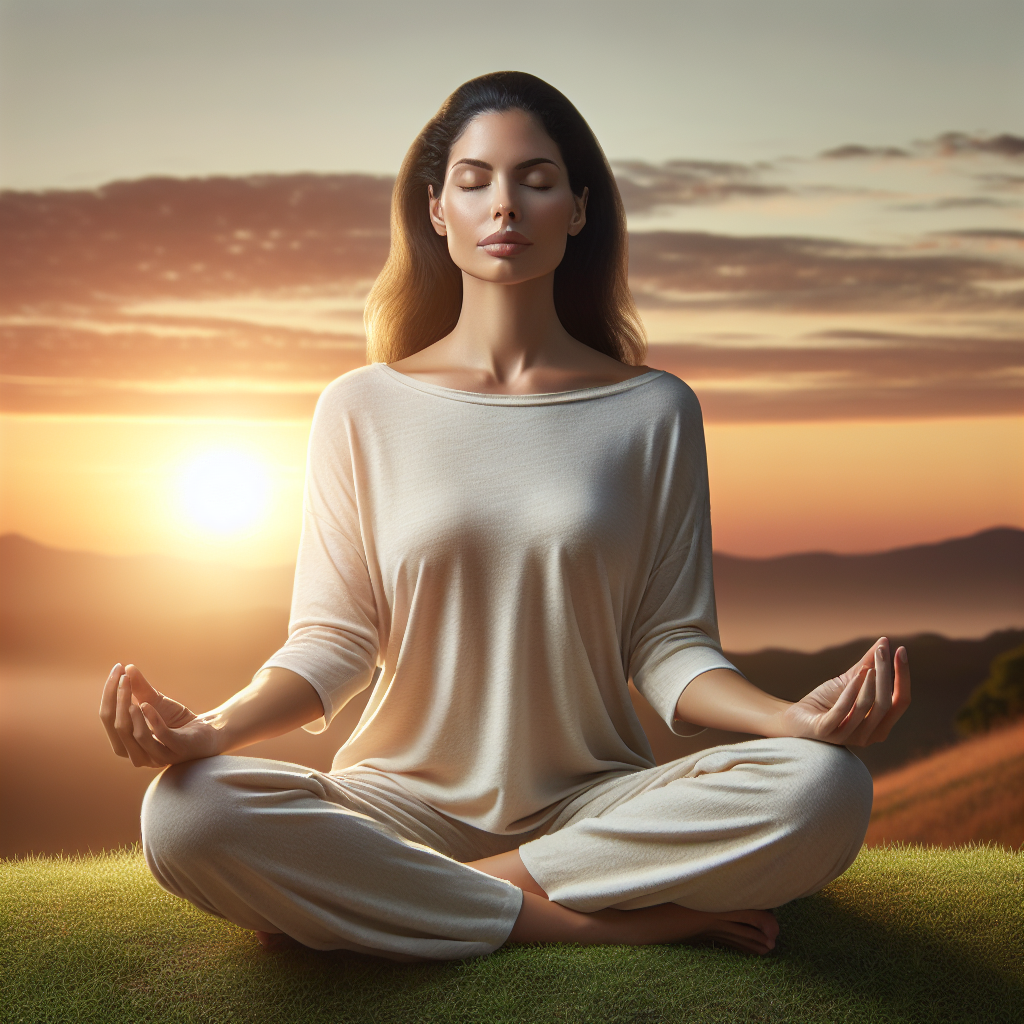 An image of a serene individual sitting cross-legged in a peaceful natural setting, such as a grassy hilltop overlooking a tranquil sunrise. The person is dressed in comfortable, simple clothing, with eyes gently closed and hands resting lightly on their knees in a classic meditation pose. The soft golden light of dawn envelops the scene, casting a warm glow that highlights the calm expression on their face. The background includes subtle elements of nature—distant mountains, a clear sky painted with hues of pink and orange, and perhaps a few birds in flight—symbolizing the essence of mindfulness and being fully present in the moment.
