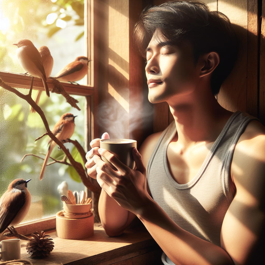 An image of a person sitting by a sunlit window, cradling a warm cup of coffee with a peaceful smile. Outside the window, birds are perched on tree branches, and a soft morning glow bathes the scene, symbolizing the joy found in simple, everyday moments.