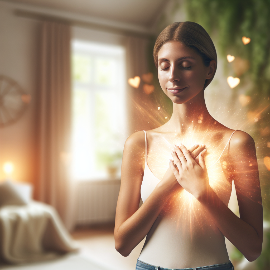 An image depicting a person standing calmly with a gentle smile, eyes closed, and hands placed over their heart. Surrounding them is a soft, glowing aura or warm light symbolizing self-love and inner peace. The background is a serene natural setting, such as a peaceful meadow or a softly lit room, emphasizing tranquility and self-reflection.