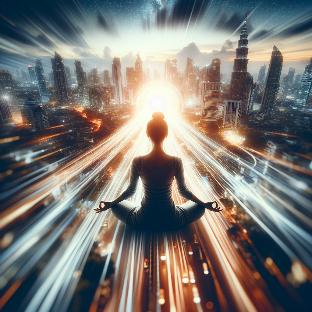An image of a person meditating peacefully amidst a bustling cityscape. The surrounding environment is a blur of motion and lights, representing the fast-paced world, while the individual remains in sharp focus and calm, symbolizing finding inner peace in chaos.