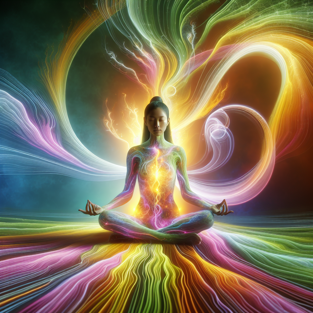 An artistic illustration of a serene human figure sitting in a meditation pose with eyes closed, enveloped by swirling, luminous energy currents in vibrant colors flowing smoothly around and through the body. The energy streams represent 'qi' or 'prana', highlighting the concept of life force energy permeating the human body. The background features soft gradients of blues and purples, evoking a sense of tranquility and harmony.